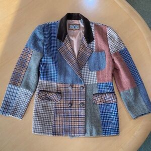 Vintage Patchwork Wool Blazer Houndstooth Tweed Herringbone Velvet Collar